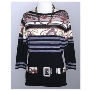 Feratelli Blue Stripe Retro Vintage 3/4 Sleeves Stretch Knit Round Neck Top M